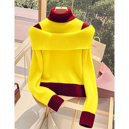 Pull pour dames avec col montant large et contraste de couleur décoratif Chic & Stil