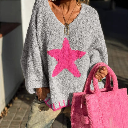 Pull en tricot femme avec col en V et motif étoilé frappant Chic und Stil