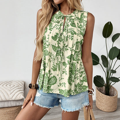 Dames Floral Plissé Trou de Clé Débardeur Chic und Stil