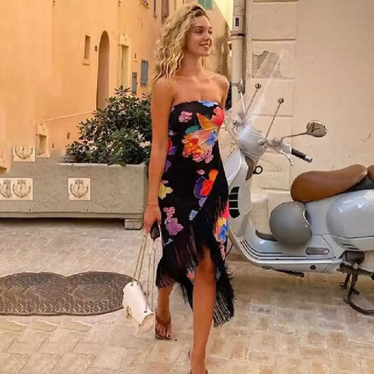 Robe maxi sans bretelles avec motif floral à franges Chic und Stil