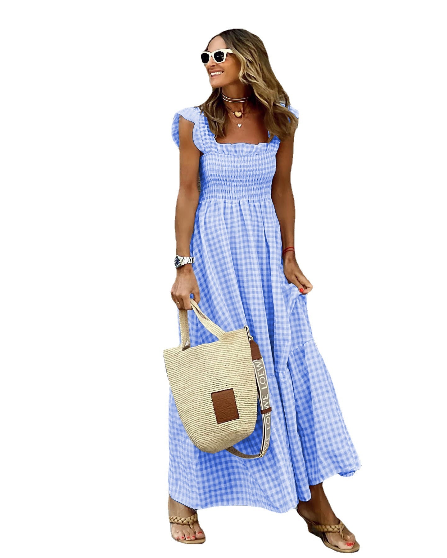 Robe maxi à carreaux pour femmes avec ourlets en volants Chic und Stil