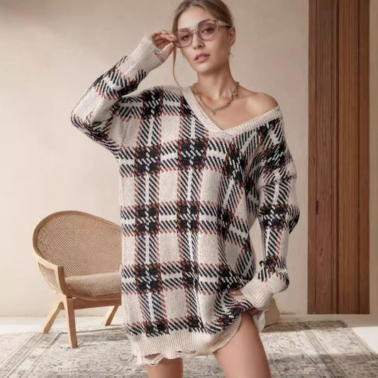 Pull en grosse maille à motif à carreaux pour femmes Chic und Stil