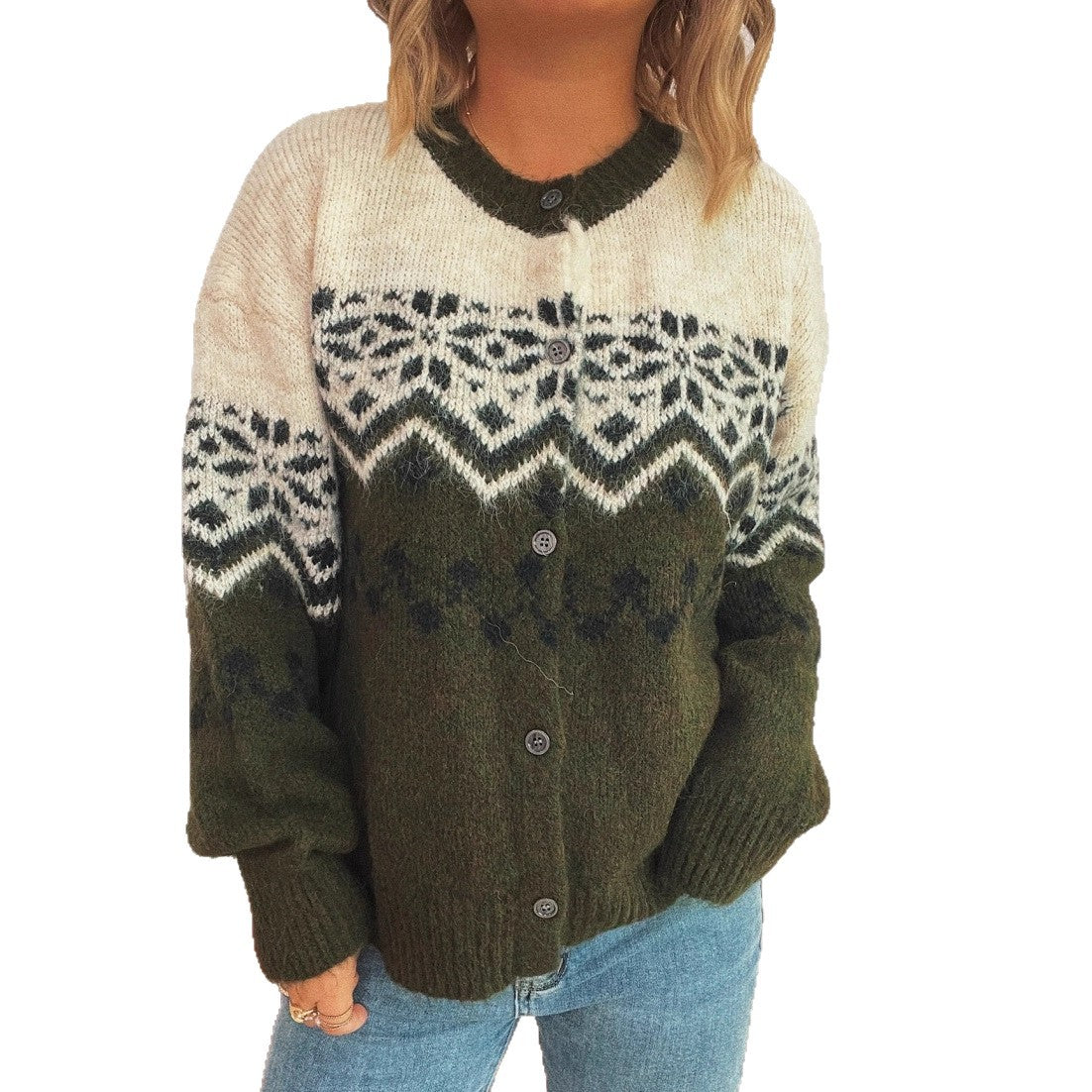 Dames pull-over en tricot doux avec un grand motif et un excellent finition Chic und Stil