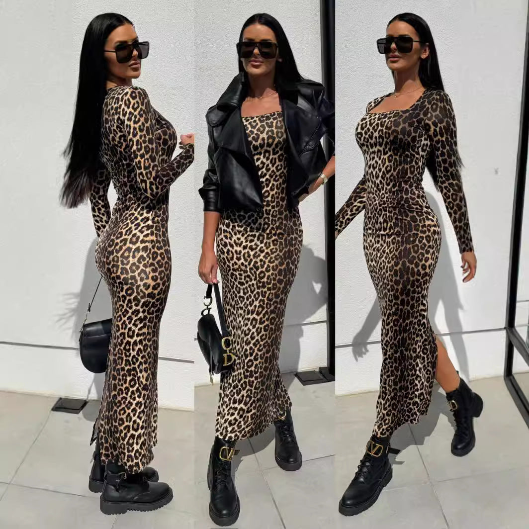 Robe Bodycon Chic und Stil à Imprimé Léopard à Manches Longues pour Femmes