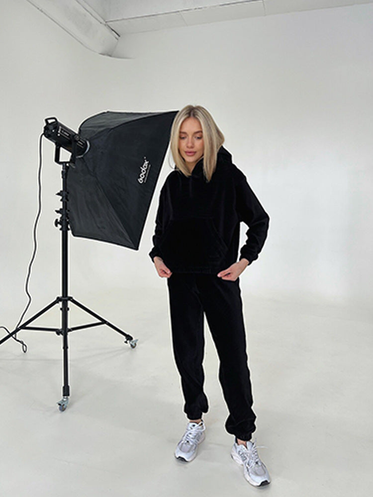 Dames doux ensemble à capuche en cordon avec taille élastique Chic und Stil