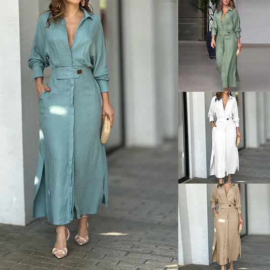 Robe chemise élégante pour femmes avec ceinture à la taille et fentes latérales Chic und Stil