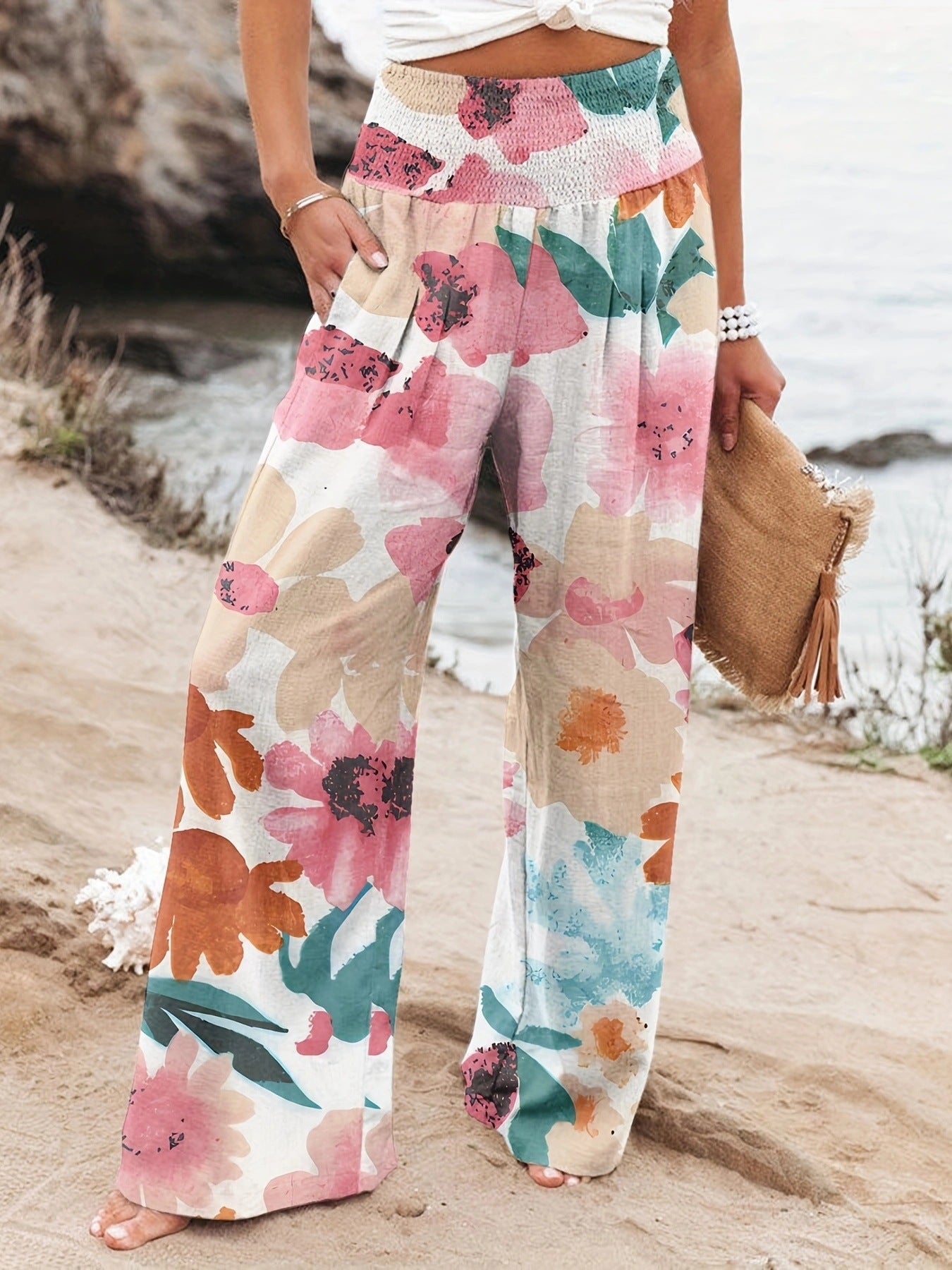 Pantalon d'été ample pour femmes avec imprimé floral et ceinture élastique Chic und Stil
