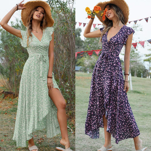 Robe maxi féminine avec manches fluides et différence de hauteur florale Chic und Stil