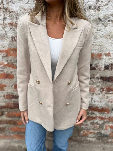 Dames Blazer élégant à double boutonnage avec tissu texturé et boutons dorés Chic und Stil