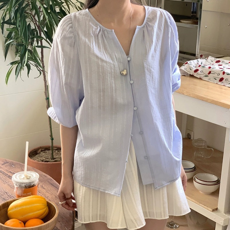 Dames Coupe Détendue Manches Bouffantes Chemise Boutonnée Chic und Stil