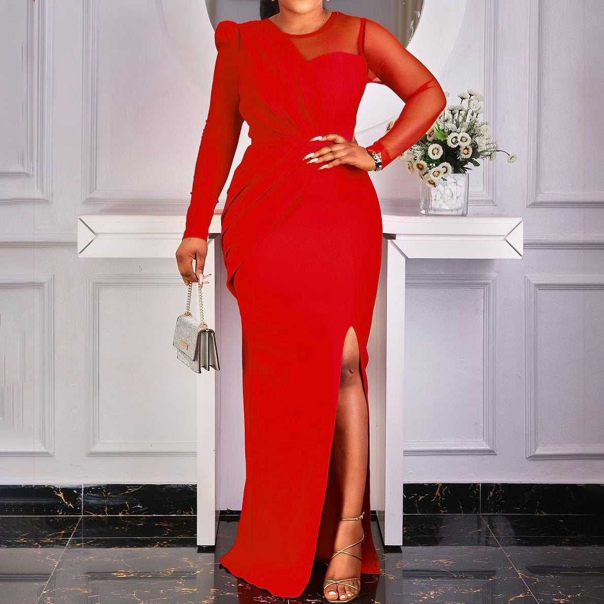 Dames Élégante Robe Maxi avec Décolleté Croisé et Fente Chic und Stil