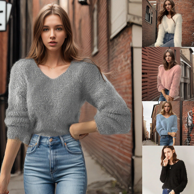 Dames en viscose pull avec des manches volumineuses et décolleté en V Chic und Stil