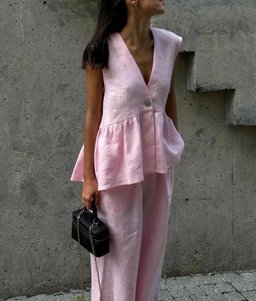 Dames Élégant Costume Pantalon en Lin Chic und Stil