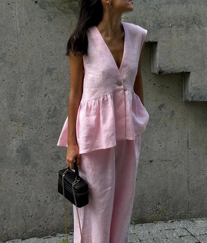 Dames Élégant Costume Pantalon en Lin Chic und Stil