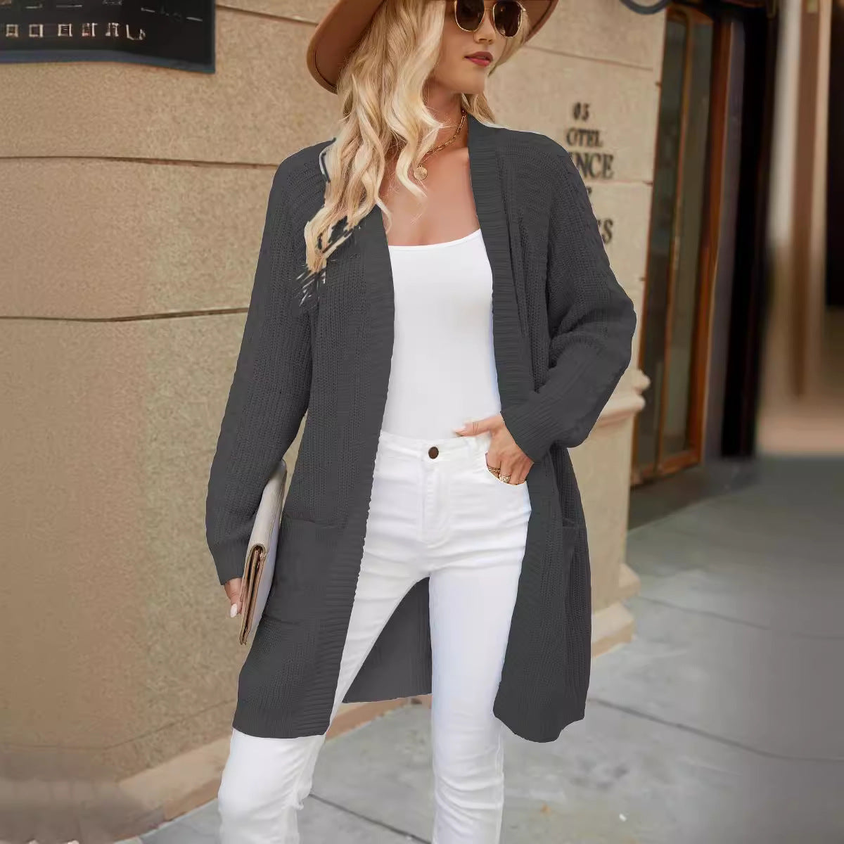 Cardigan tricot décontracté pour femmes avec motif en torsades et poches pratiques Chic und Stil