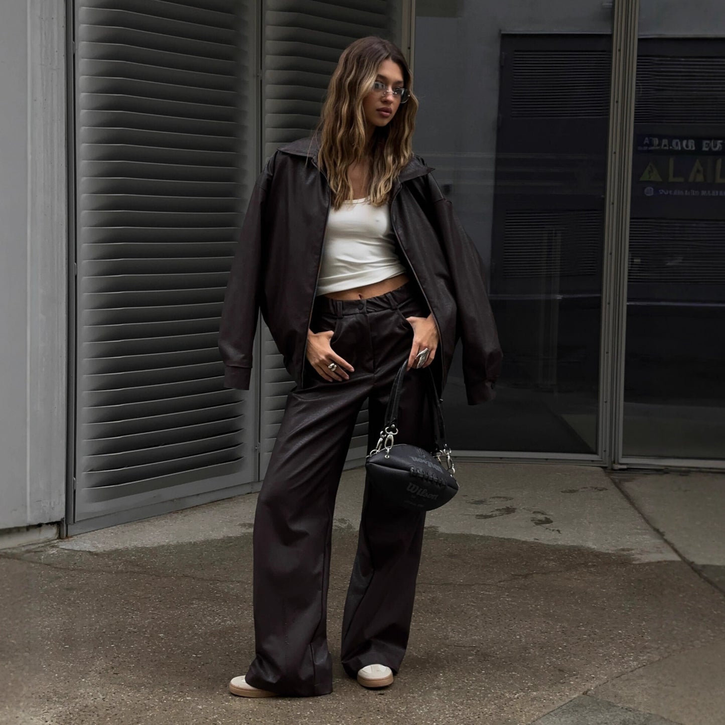 Casual synthetic leather set for women with oversized jacket and comfortable pants Chic and Style