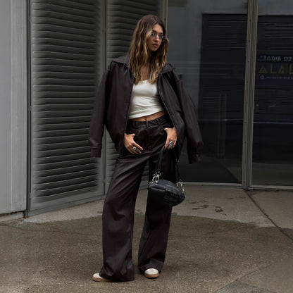 Casual synthetic leather set for women with oversized jacket and comfortable pants Chic and Style