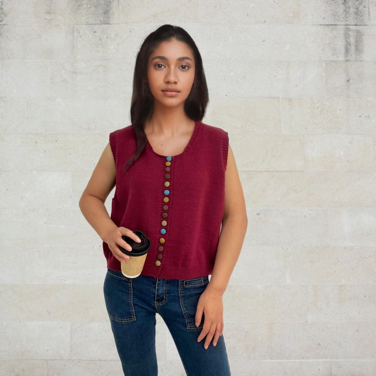 Ladies sleeveless knit vest with decorative buttons Chic and Style