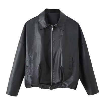Faux leather jacket for women with high collar and practical pockets Chic and Style