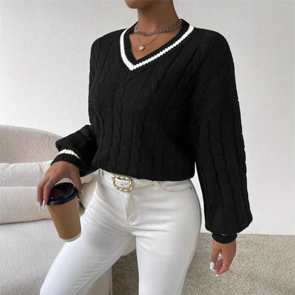 Pull en tricot pour femmes avec un décolleté en V tendance et un élégant motif en torsades Chic und Stil