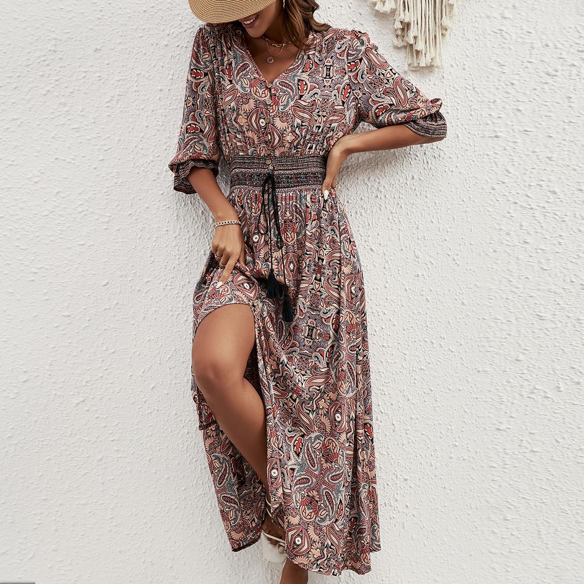 Robe maxi femme avec ceinture amovible à la taille et motif artistique Chic und Stil