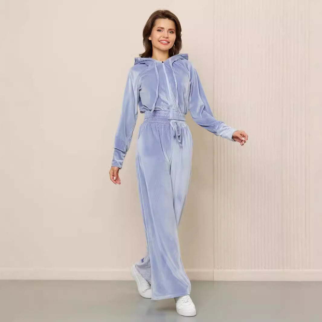 Dames Ensemble de loungewear en velours luxueux avec capuche et taille élastique Chic und Stil