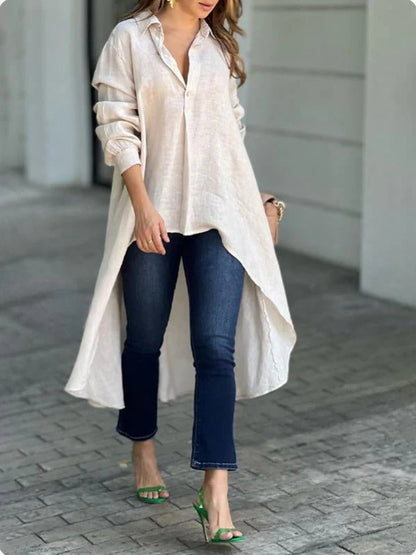 Blouses décontractées pour femmes - T-shirt long en mélange de lin de haute qualité Chic und Stil