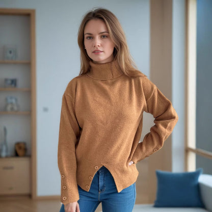Pull col roulé tendance pour femmes avec détails de boutons et ourlet asymétrique Chic und Stil