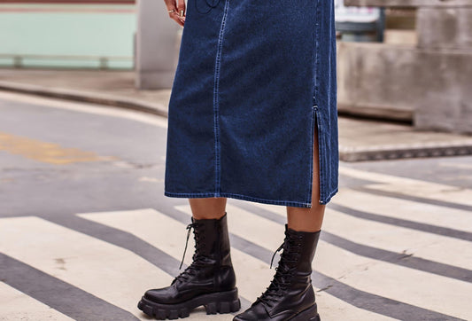 Jupe maxi en denim pour dames avec fente latérale et poches pratiques Chic und Stil