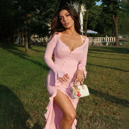 Robes maxi élégantes pour femmes avec volants et boutonnière Chic und Stil