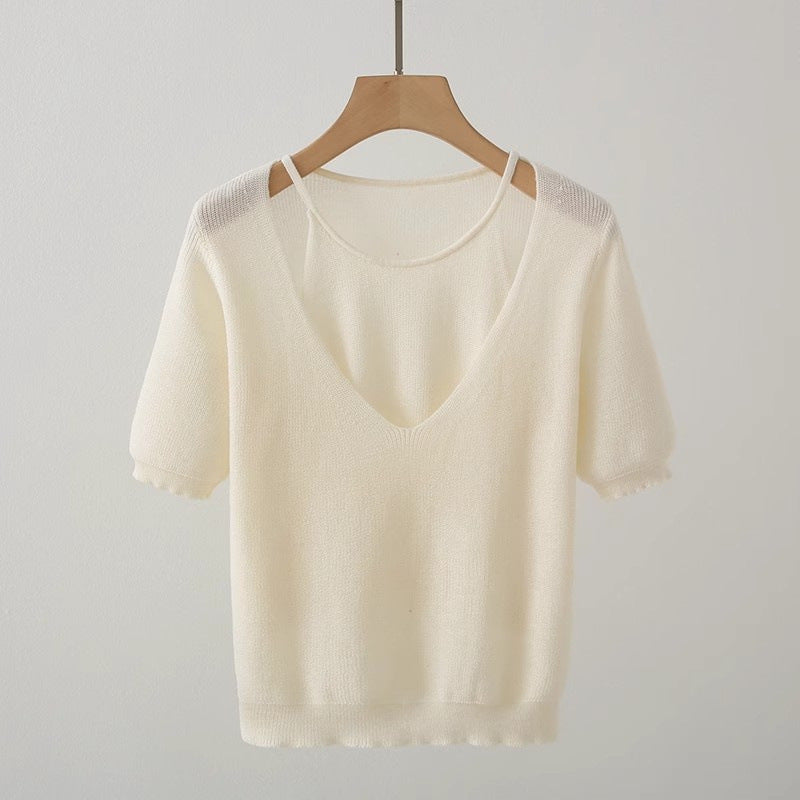 Pull en tricot à col V décontracté pour femme à manches courtes Chic und Stil
