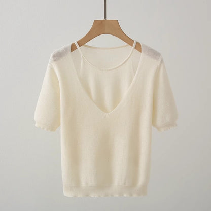 Pull en tricot à col V décontracté pour femme à manches courtes Chic und Stil