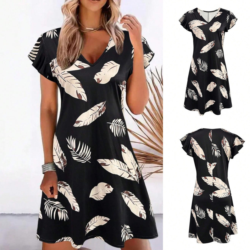 Dames V-Décolleté Imprimé Tropical Robe A-Ligne Chic und Stil