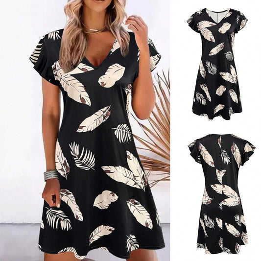 Dames V-Décolleté Imprimé Tropical Robe A-Ligne Chic und Stil