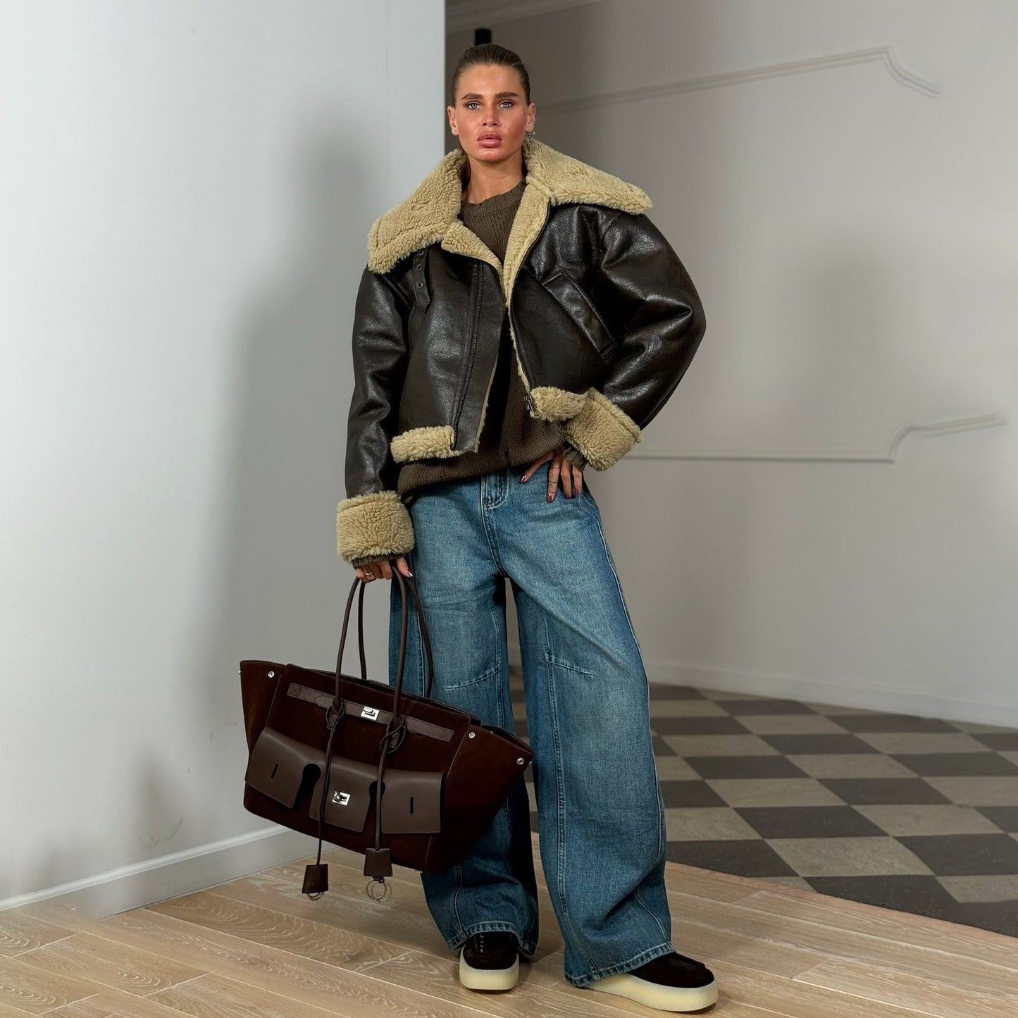 Dames faux cuir veste avec intérieur pelucheux Chic und Stil