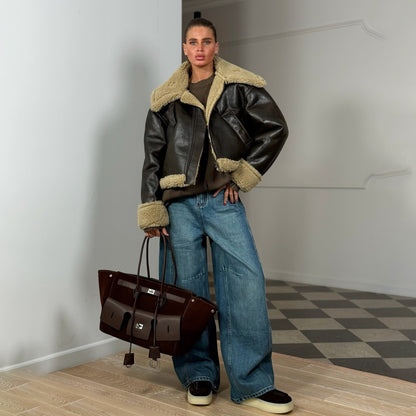 Dames faux cuir veste avec intérieur pelucheux Chic und Stil