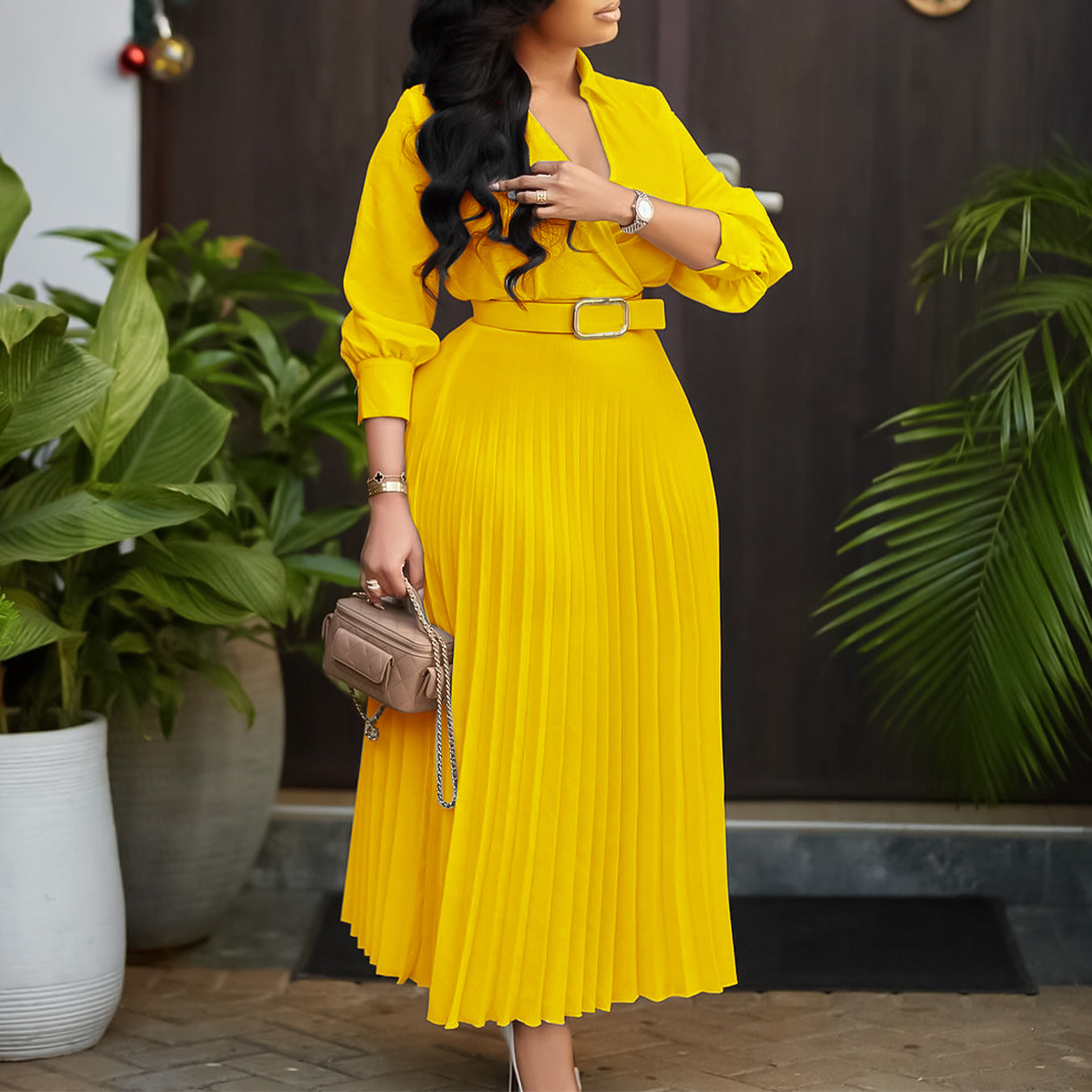 Robe chemise plissée pour femmes avec ceinture à la taille et manches longues Chic und Stil