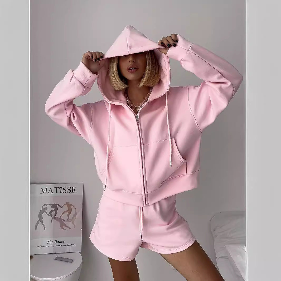Chic and Style women's relaxed zip-up hoodie and shorts set