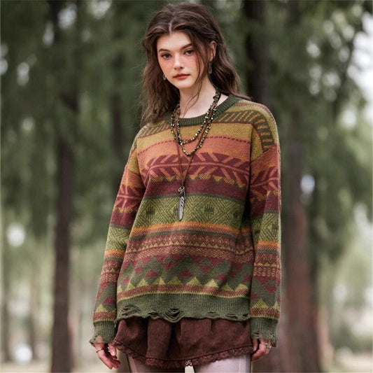 Pull à motifs pour femmes de style bohème avec ourlet frangé Chic und Stil
