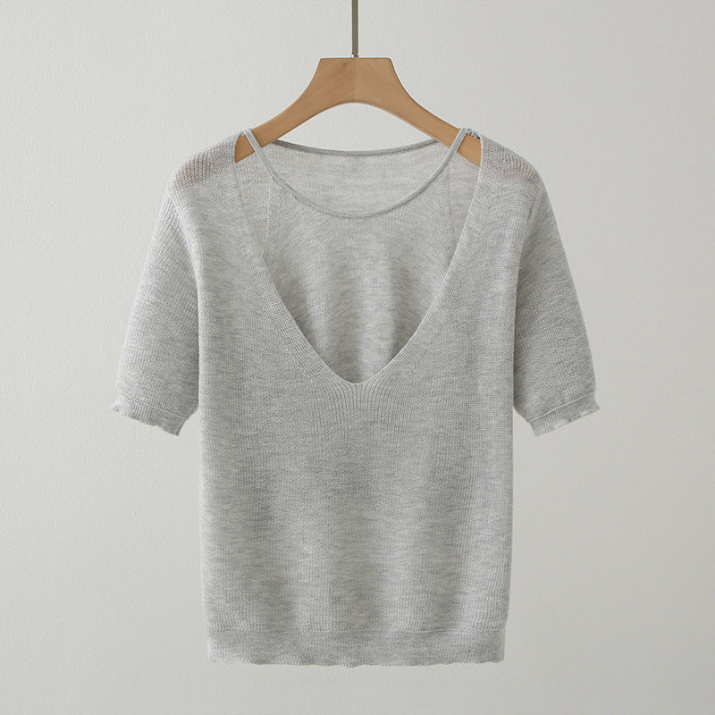 Pull en tricot à col V décontracté pour femme à manches courtes Chic und Stil