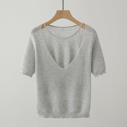 Pull en tricot à col V décontracté pour femme à manches courtes Chic und Stil