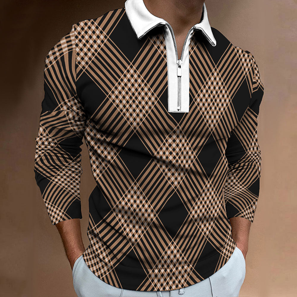 Chemise polo à manches longues pour hommes avec un motif à carreaux tendance et une élégante fermeture éclair Chic und Stil
