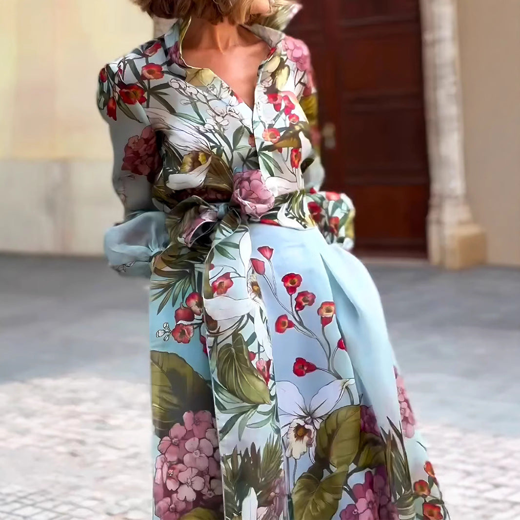 Dames Élégante Robe Maxi avec Motif Floral et Belle Ceinture Chic und Stil