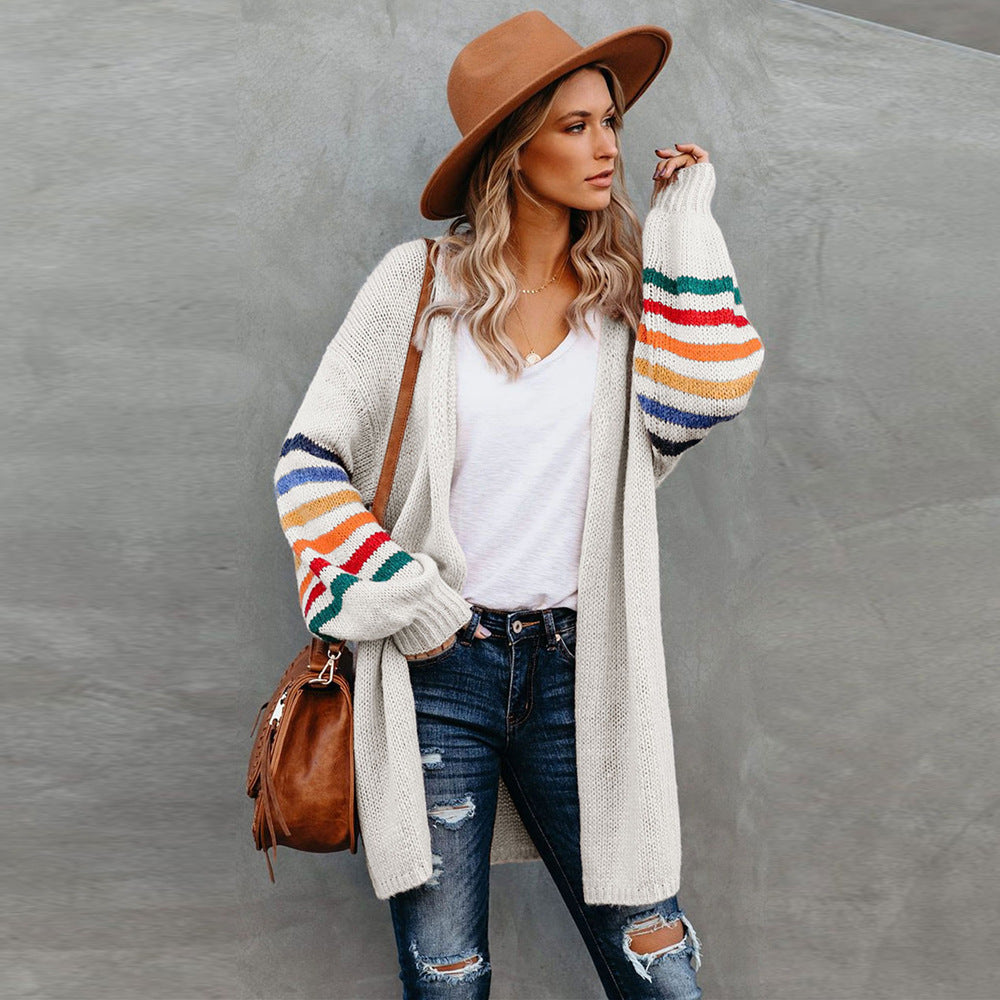 Dames Cardigan en tricot ouvert avec des rayures colorées sur les manches Chic und Stil
