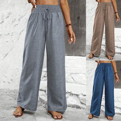 Wide linen pants for women with elastic waistband and side tie belt Chic and Style