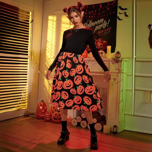 Robe midi pour femmes avec manches longues et motif Halloween Chic und Stil