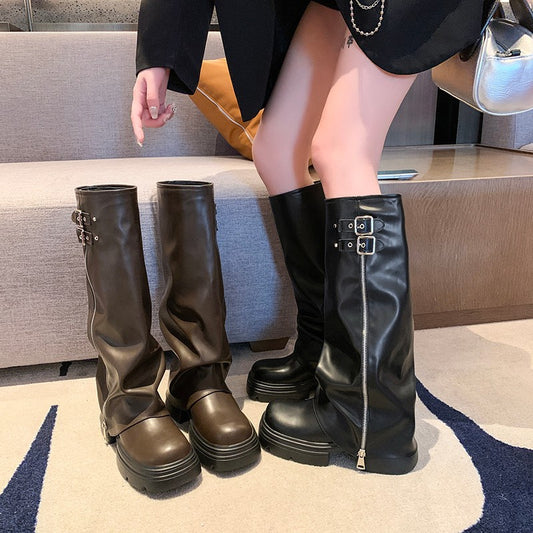 Bottes au genou pour femmes avec fermeture éclair tendance et sangle ajustable Chic und Stil