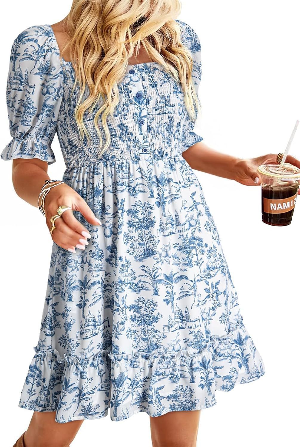 Robe d'été romantique pour dames avec des manches bouffantes et des volants Chic und Stil