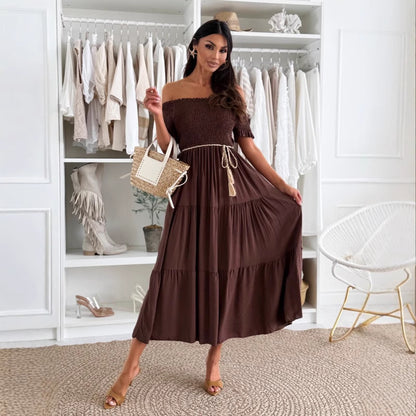 Robe maxi off-shoulder pour femmes avec haut froncé et jupe à volants Chic und Stil