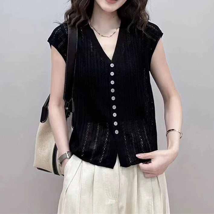 Airy knit top for women with V-neck and decorative button details Chic and Style